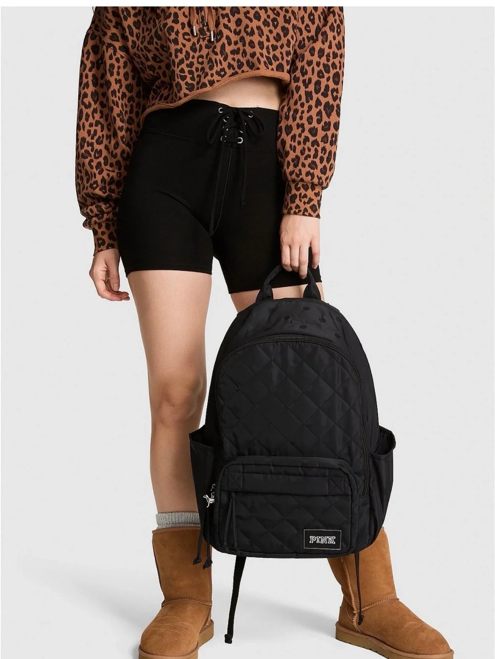 PINK Quilted Black Backpack